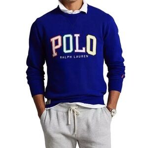 Polo Ralph Lauren Fleece Blue Sweatshirt Colorful POLO Logo Spell Out Size S EUC